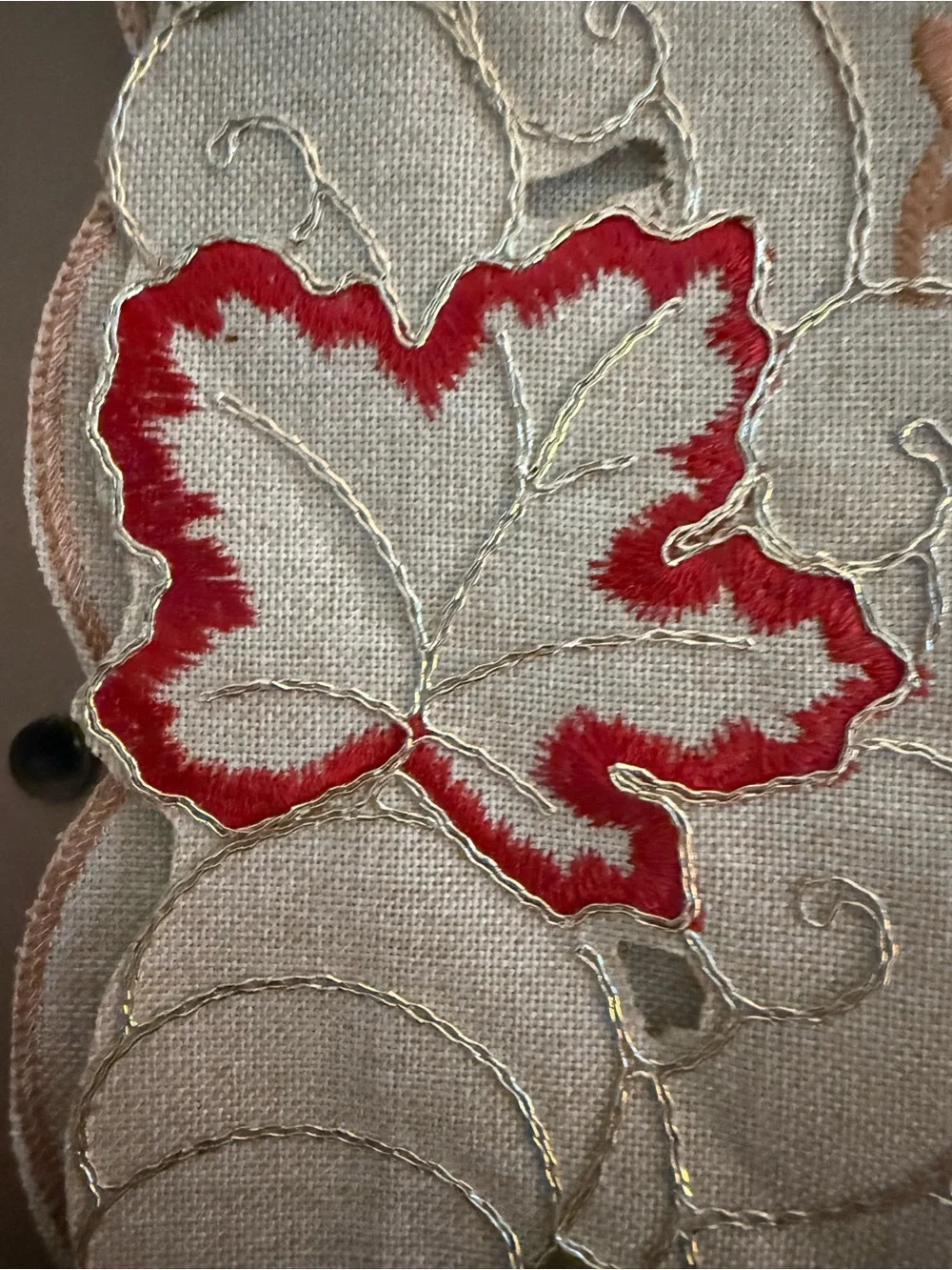 Scalloped Edge Table Runner in Cream with Rust Embroidery